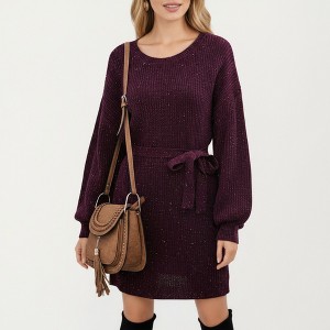 Anna-Kaci Women's Long Sleeve Knit Sweater Dress with Waist Tie Belt and Ribbed Texture - 1 of 4