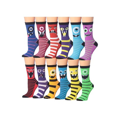 Tipi Toe Women's 12 Pack Colorful Funny Monster Faces Patterned Lightweight Crew Socks
