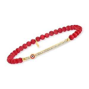 Ross-Simons 4mm Simulated Red Coral Bead and .10 ct. t.w. CZ Evil Eye Stretch Bracelet With Enamel in 18kt Gold Over Sterling Size - 1 of 4