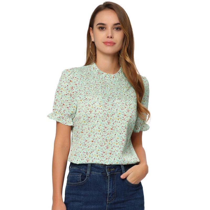 Allegra K Women's Floral Print Ruffled Round Neck Short Sleeve Smocked Front Tops, 1 of 6