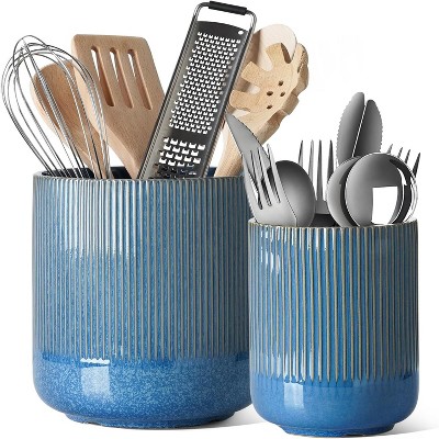 BRINJOY Cutlery Holder, 7.3" + 5.4" Ceramic Cutlery Jars, Pots and Home Accessories, 2-Pack, Glazed Blue Cutlery Storage