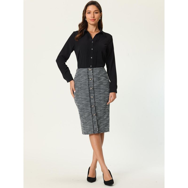 Hobemty Women's Tweed High Waist Button Decor Knee Length Pencil Skirts, 3 of 5