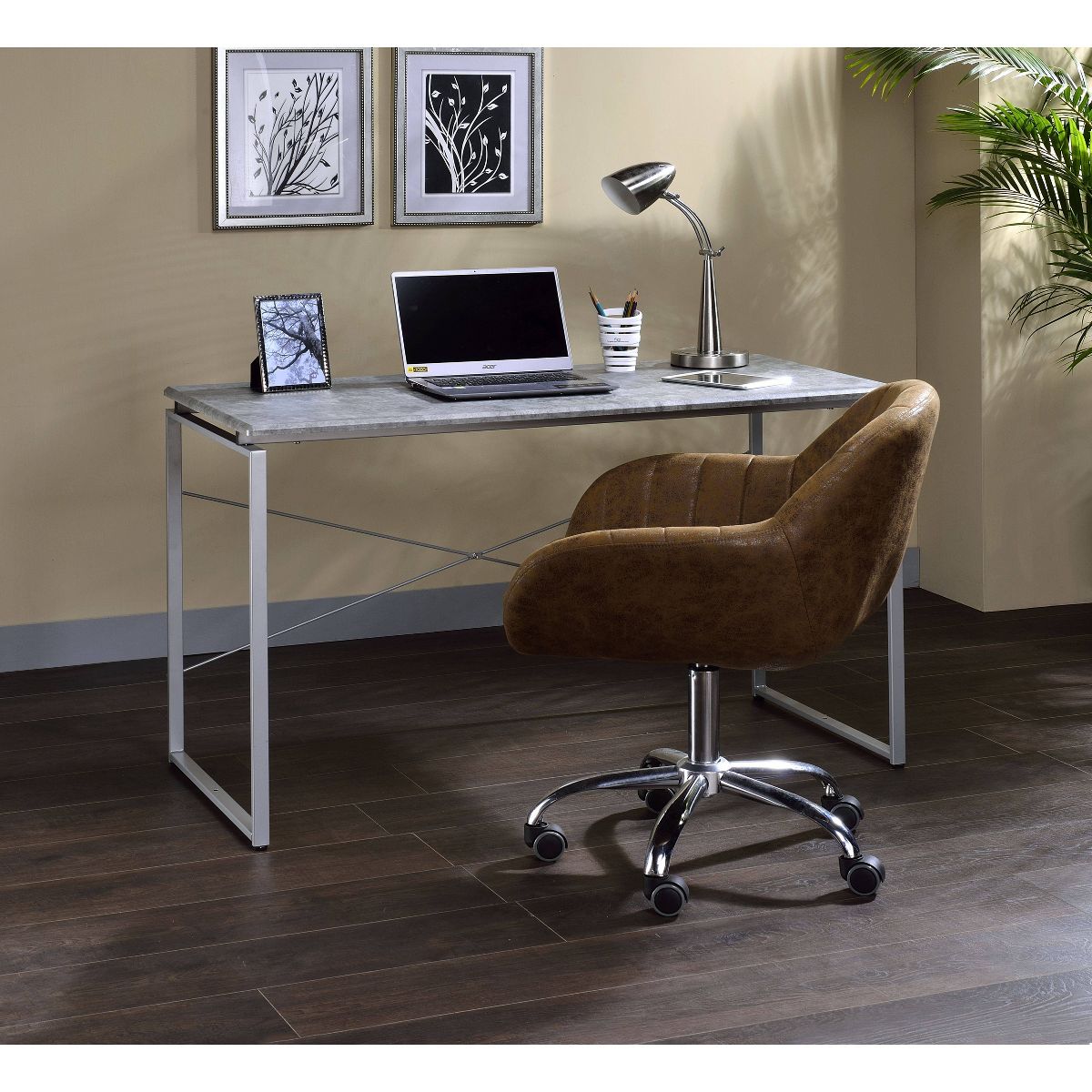 Jurgen Desk Faux Concrete - Acme Furniture: 47" Wide, Metal Frame, Veneer Surface, No Storage, Office Furniture - thumbnail 4