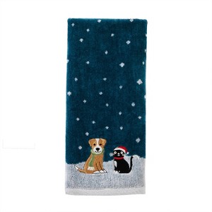 2pc Cat and Dog Hand Towel Set - SKL Home: Jacquard Velour Cotton, Machine Washable, Teal Green - 1 of 3