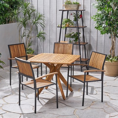 Christopher Knight Home Alametos Outdoor Industrial Acacia Wood 5 Piece Dining Set, Teak and Black