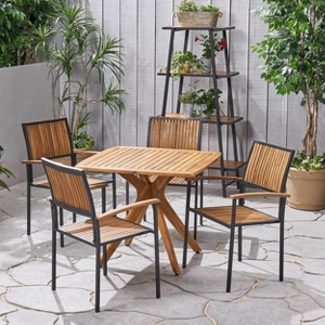 Christopher Knight Home Alametos Outdoor Industrial Acacia Wood 5 Piece Dining Set, Teak and Black - 1 of 4