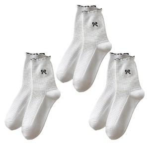 Anna-Kaci Women's 3 Pairs Knit Socks with Waffle Texture Bow Embroidery Ruffled Edge Ribbed Cuffs - 1 of 4
