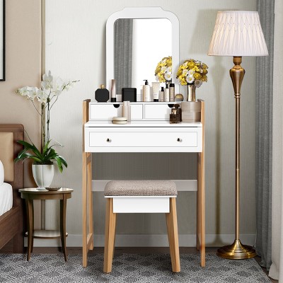 Costway Vanity Table Set Lighted Mirror Storage Drawer Shelf Cushion Stool  : Target