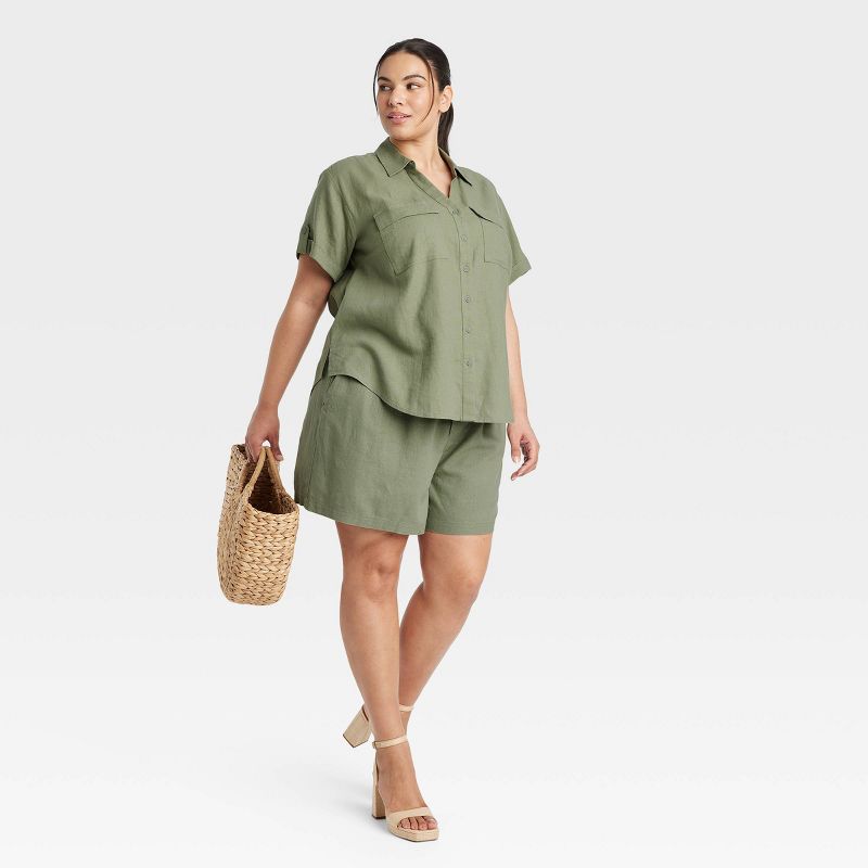 Women's Short Sleeve Linen Front Button-Down Shirt - Ava & Viv™ , 3 of 4