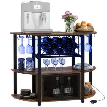 HOMCOM Wine Cabinet with Charging Station and LED Lights, Bar Cabinet with Wine Racks, Glass Holders, Mesh Doors and Open Shelves, Rustic Brown