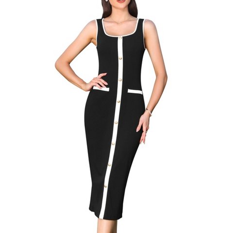 Женские платья INSPIRE CHIC Women's Sleeveless Square Neck Color Block Metal Button Bodycon Midi Dress Medium Black