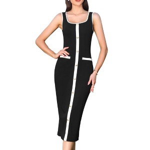 INSPIRE CHIC Women's Sleeveless Square Neck Color Block Metal Button Bodycon Midi Dress - 1 of 4
