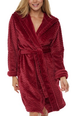 ADR Women's Classic Plush Robe, Chevron Textured Short Hooded Bathrobe  Burgundy X Large