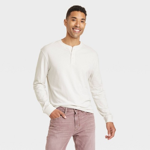 Men's Long Sleeve Henley Shirt - Goodfellow & Co™ Heathered Beige L