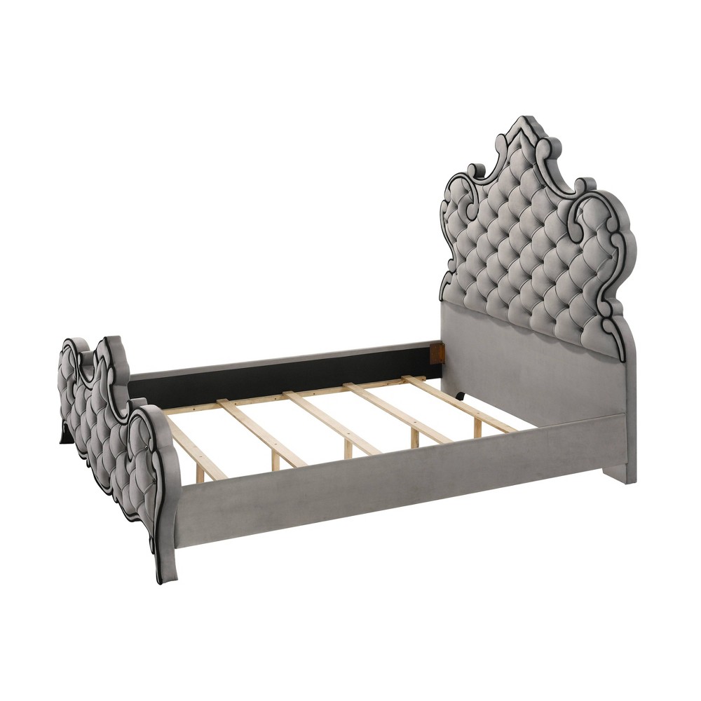 Photos - Bed 86" Queen  Perine  Gray Velvet - Acme Furniture: Crystal Tufting, Wingback Design