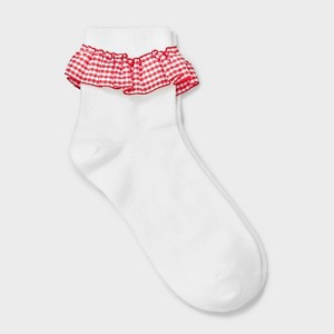 Women's Gingham Ruffle Ankle Socks - White/Red 4-10: Lightweight Knit, Banded Cuff, Recycled Polyester - 1 of 3