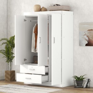 TIRAMISUBEST 3-Door Wardrobe with 2 Storage Drawers, Modern Bedroom Armoire Closet with Hanging Rod and Storage Shelves - 1 of 4