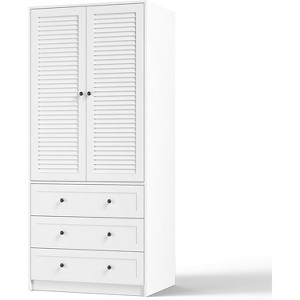 homfan Wooden Wardrobe Cabinet with Hanging Rod, 2 Doors Clothing Storage Cabinet for Bedroom, Wardrobe Closet with Drawers, Louvered Door, White - 1 of 4