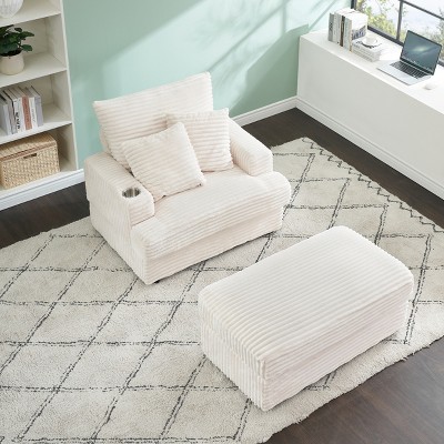 NicBex Couches for Living Room 39" Single Chaise Lounge Chair Corduroy Upholstered Sofa Sleeper Chair with Ottoman and Cup Holders