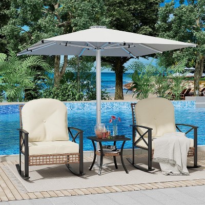 Jojoka 3-Piece Patio Furniture Set, PE Rattan Rocking Bistro Chairs w/ Soft Thick Cushions & 2-Tier Coffee Table for Balcony, Backyard, Lawn