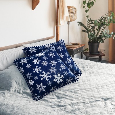 Snowflake Blue Velvet Pom Pom Throw Pillow Covers, 18x18, Set of 2
