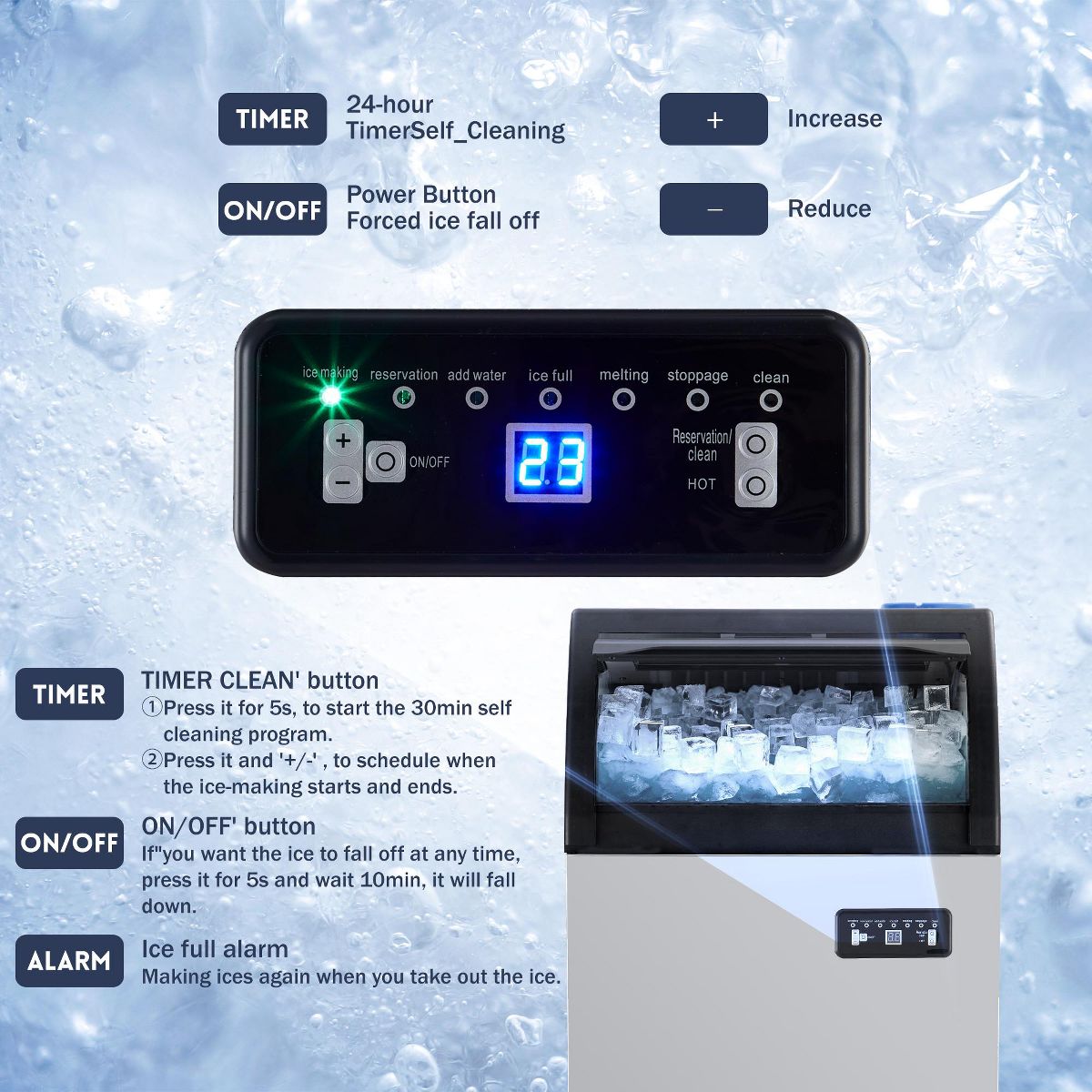 Commercial Ice Maker Machine – 100Lbs/24H, Under Counter Stainless Steel, 33Lbs Storage Bin, Dual Water Supply for Home, Restaurant, Coffee Bar - thumbnail 7
