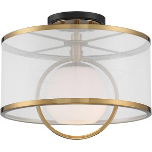 Possini Euro Design Carlyn Modern Art Deco Ceiling Light Semi Flush Mount Fixture 14" Wide Warm Brass Black Orb Organza Drum Shade for Bedroom Kitchen - 1 of 4