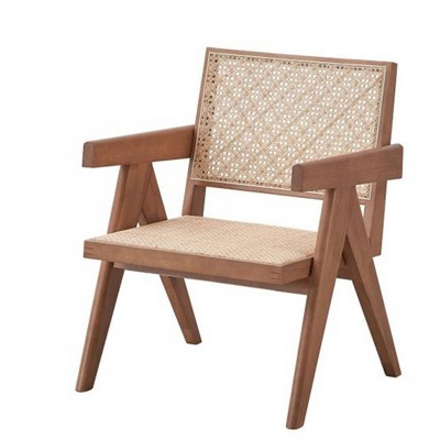 Natural Rattan and Wood Accent Chair with Square Arms
