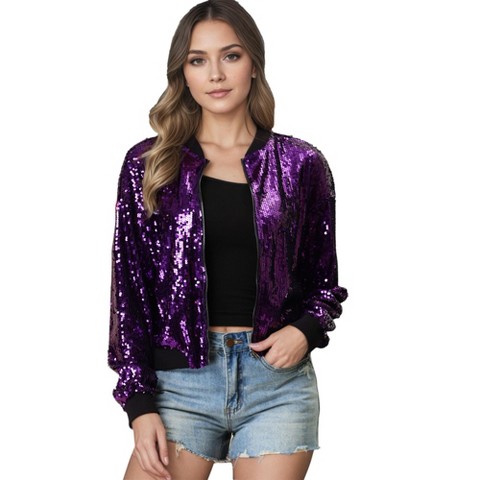 INSPIRE CHIC Women's Party Sequin Sparkle Long Sleeve Cropped Length Zipper Bomber Jacket Large Purple