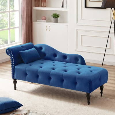 Beautyolove 60.6" Velvet Chaise Lounge Buttons Tufted Nailhead Trimmed Solid Wood Legs with 1 Pillow,Blue
