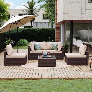 UPHA 5-Piece Rattan Patio Sofa Conversation Set with Cushions - 1 of 4