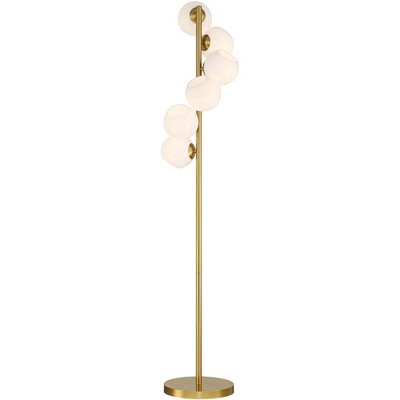 67" Brass and White Glass Globe Tree Floor Lamp