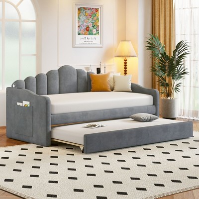 NicBex Twin Size Upholstered Daybed with Trundle,Velvet Sofabed with USB Charging Ports for Bedroom,Living Room,Apartment