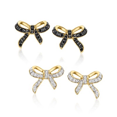 Ross-Simons 0.20 ct. t.w. Black Spinel and .10 ct. t.w. White Topaz Jewelry Set: 2 Pairs Of Bow Earrings in 18kt Gold Over Sterling