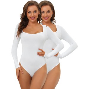 Allegra K Women's Long Sleeve Slim Fit Stretchy 2 Packs Square Neck Adult Bodysuits - 1 of 4