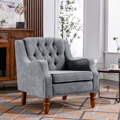 Modern Accent Chair Living Room,Single Sofa Chair With Brass Studs,Button Tufted Upholstered Armchair,Comfy Reading Chair For Bedroom-Cuddlewood