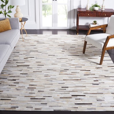 Ivory and Grey Hand-Knotted Geometric Cowhide Area Rug