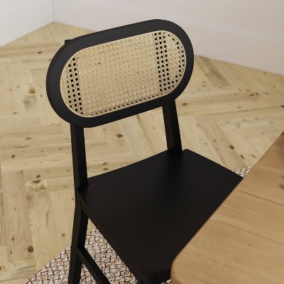 Black Wood and Cane High Back Dining Chairs, Set of 2