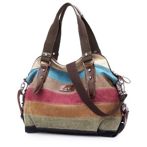 Canvas Handbag Multi-Color Striped Lattice Cross Body Shoulder Purse Bag Tote-Handbag for Women (Multi Color D) - 1 of 4