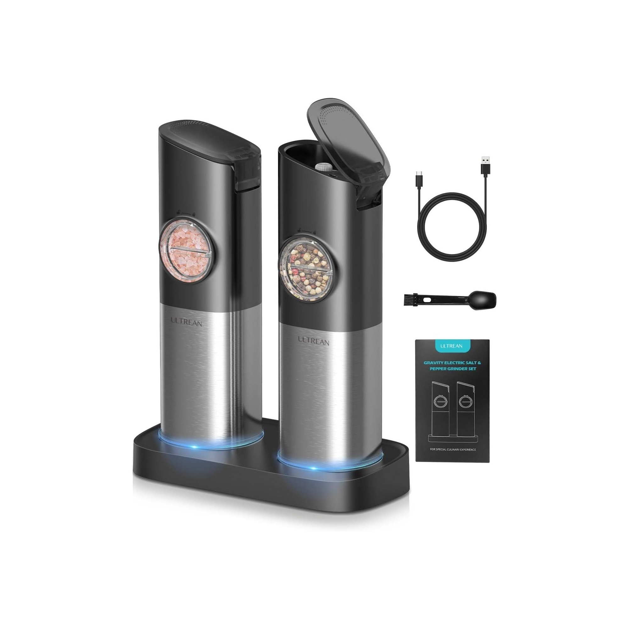 Ultrean Pepper Grinder, Rechargeable Gravity Salt and Pepper Grinder with 6 Adjustable Coarseness, LED Light, One-Hand Automatic Operation