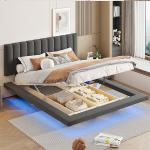 Queen Size Floating Bed with LED Light and USB Port, Velvet Upholstered Hydrualic Platform Bed 4L-ModernLuxe - 1 of 4