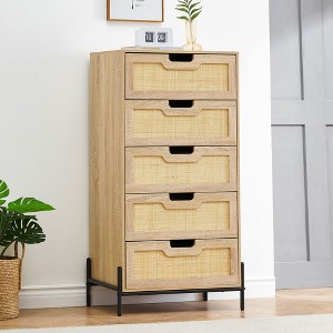 Natural Rattan 5 Drawer Dresser Modern Wooden Chest of Drawer Farmhouse Storage Dresser for Living Room Bedroom - 1 of 4