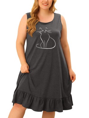 Agnes Orinda Women's Plus Size Sleeveless Ruffle Tiered Hem Comfy Lovely Cat Midi Tank Nightgown