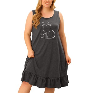 Agnes Orinda Women's Plus Size Sleeveless Ruffle Tiered Hem Comfy Lovely Cat Midi Tank Nightgown - 1 of 4