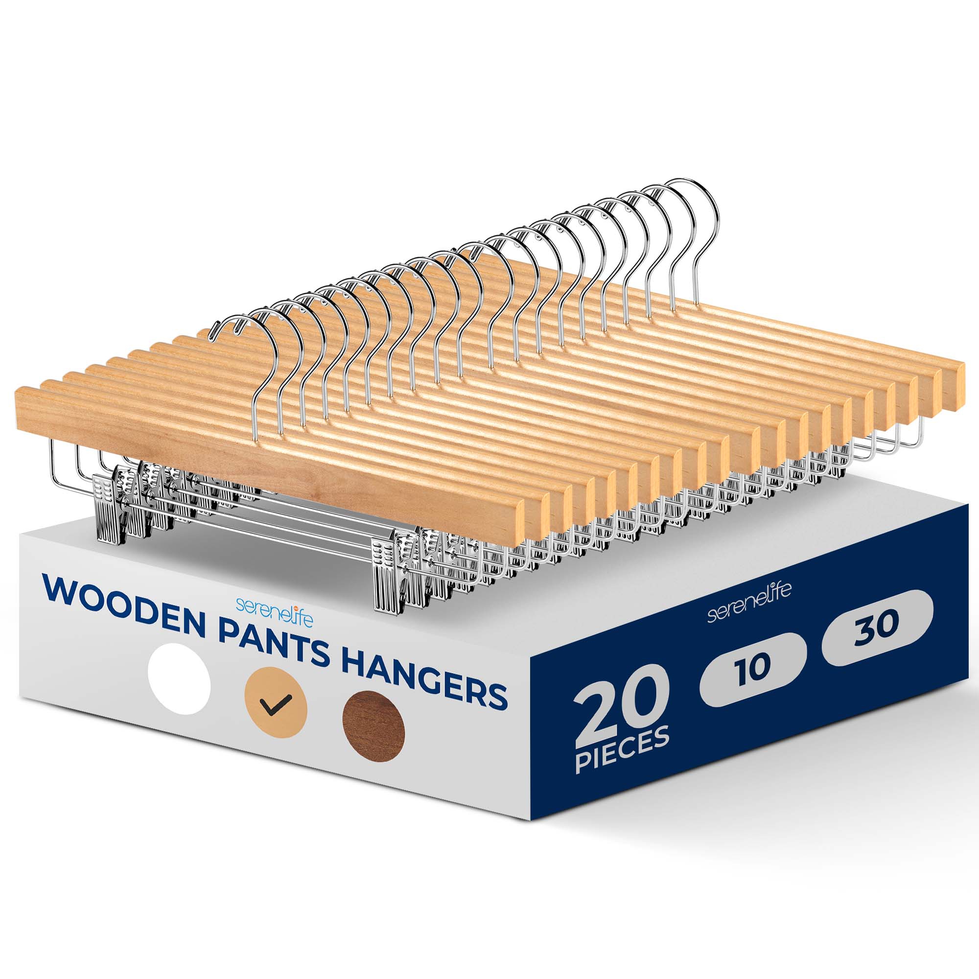SereneLife 20-Piece Premium Wooden Pants Hangers - Heavy Duty Set with Chrome 360° Swivel Hook & Adjustable Steel Clips, Natural