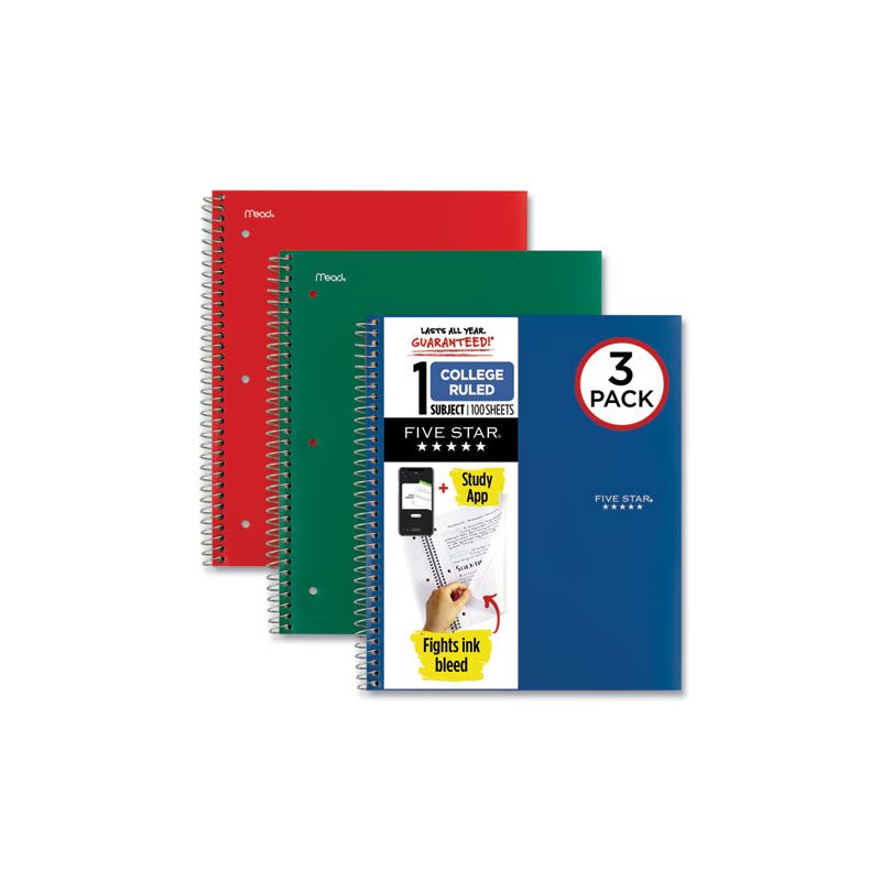 Five Star Wirebound Notebook with Two Pockets, 1-Subject, Medium/College Rule, Assorted Cover Color, (100) 11 x 8.5 Sheets, 3/Pack, 1 of 8