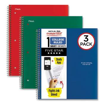 Five Star Wirebound Notebook with Two Pockets, 1-Subject, Medium/College Rule, Assorted Cover Color, (100) 11 x 8.5 Sheets, 3/Pack