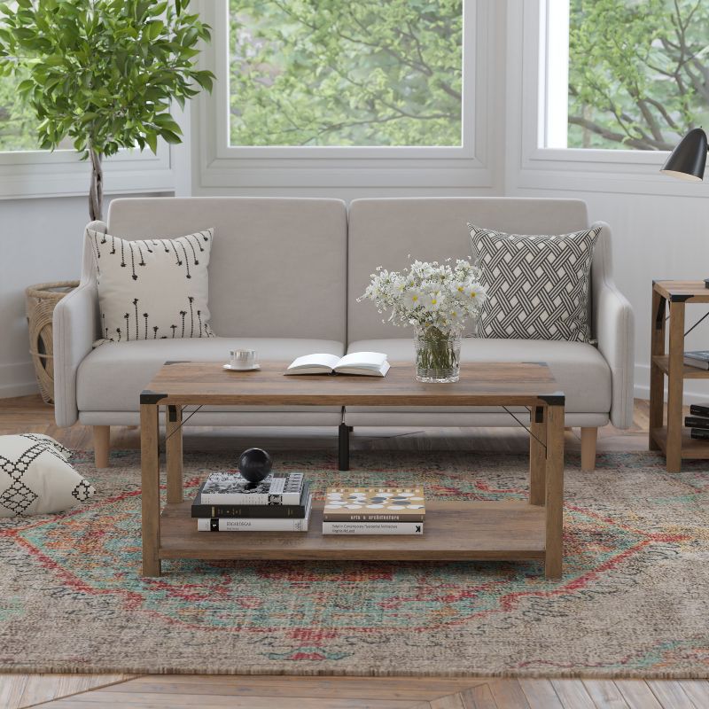 Flash Furniture Wyatt Modern Farmhouse Wooden 2 Tier Coffee Table with Metal Corner Accents and Cross Bracing, 3 of 12