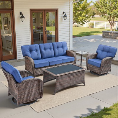 Buenhomino 5 Pieces Patio Furniture Set, Outdoor Wicker Sofa with Rattan Chairs, Coffee Table, All Weather High Back Couch with 5" Thick Cushions