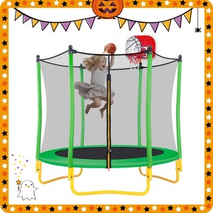 5.5FT Trampoline for Kids - 65" Outdoor & Indoor Mini Toddler Trampoline with Enclosure, Basketball Hoop and Ball Included-ModernLuxe - 1 of 4